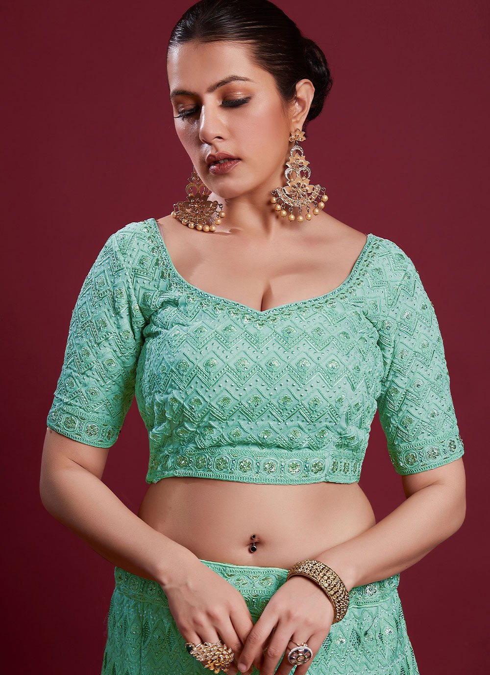 Lehenga Choli Georgette Turquoise Gota Work Lehenga Choli