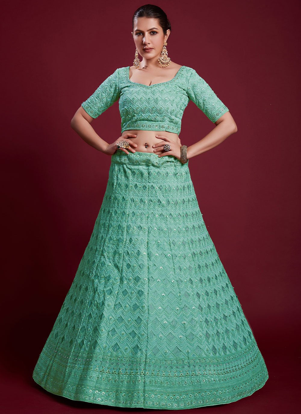 Lehenga Choli Georgette Turquoise Gota Work Lehenga Choli