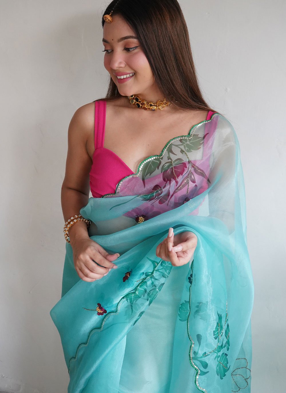 Classic Organza Turquoise Aari Work Saree