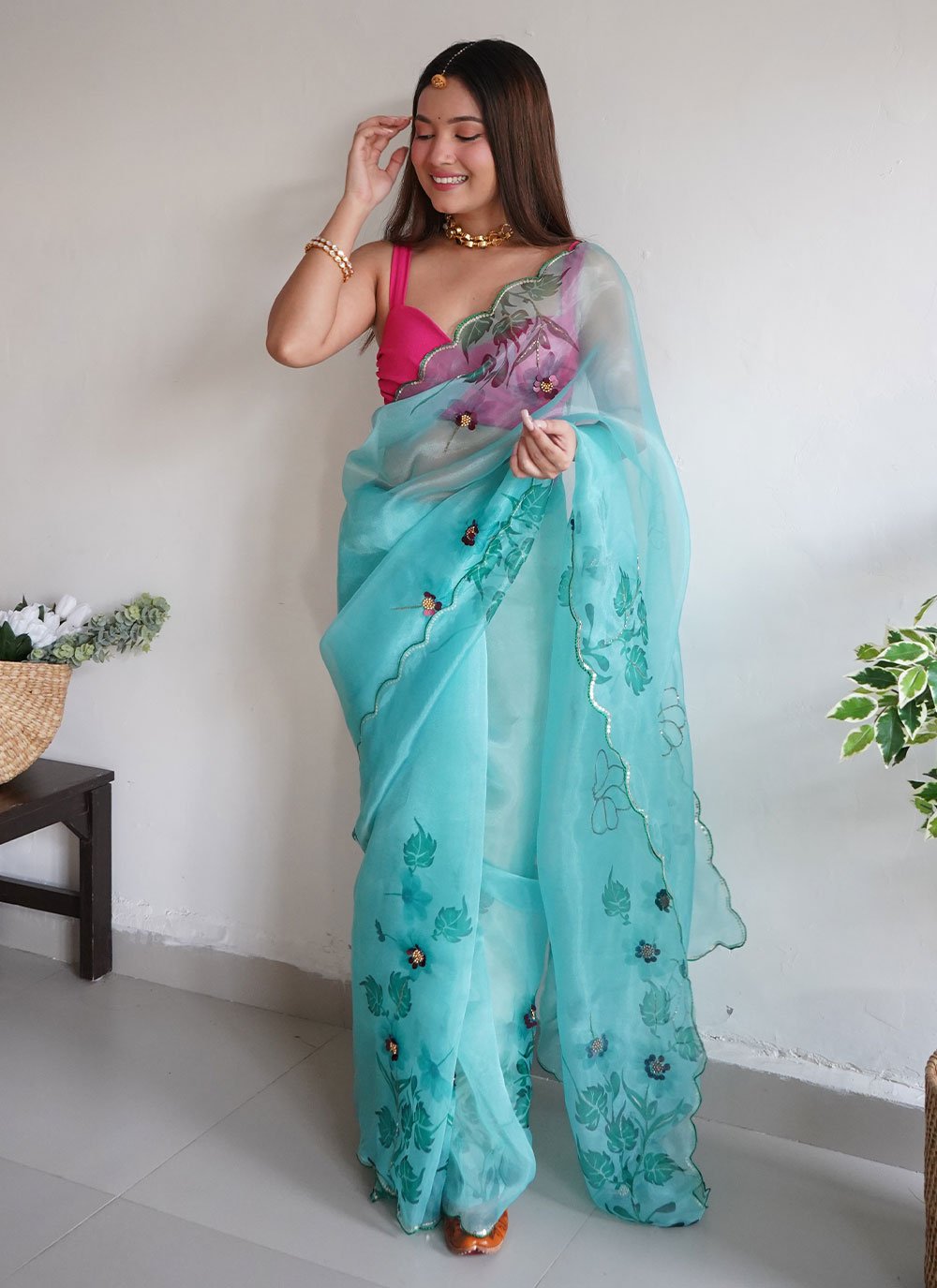 Classic Organza Turquoise Aari Work Saree