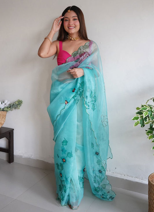 Classic Organza Turquoise Aari Work Saree