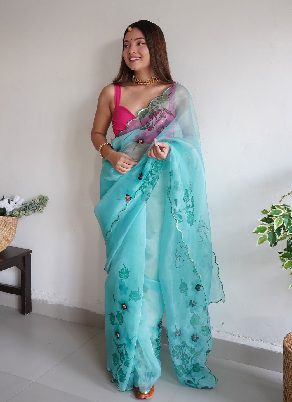 Classic Organza Turquoise Aari Work Saree