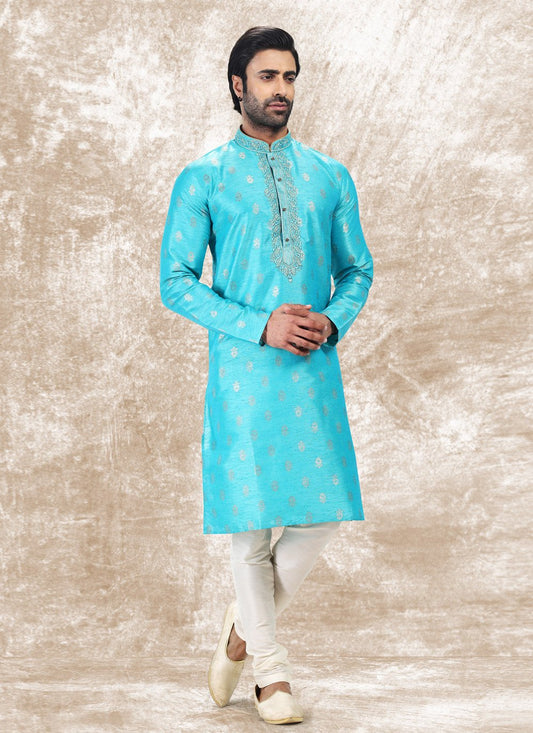 Kurta Pyjama Brocade Jacquard Silk Turquoise Fancy Work Mens