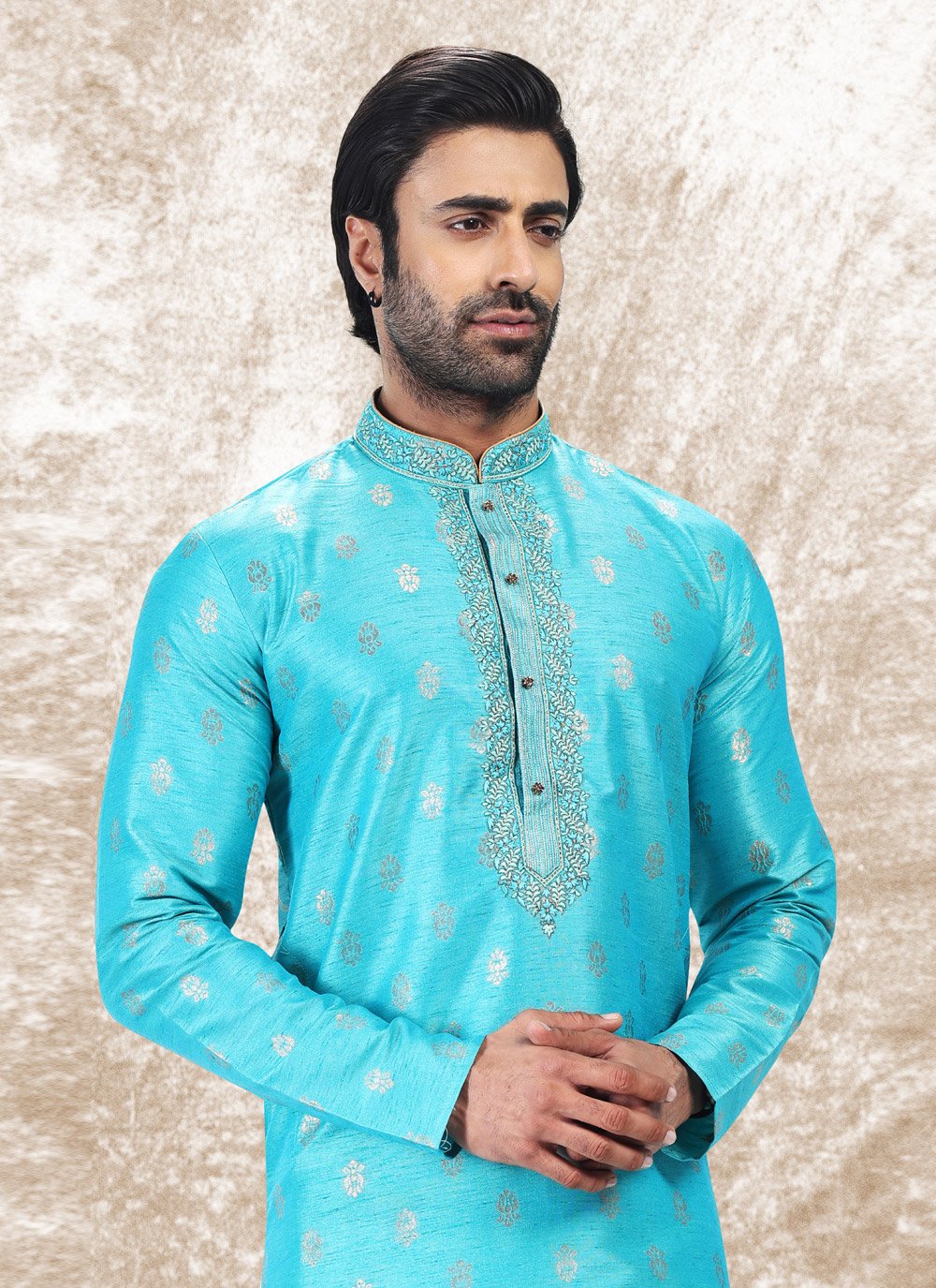 Kurta Pyjama Brocade Jacquard Silk Turquoise Fancy Work Mens