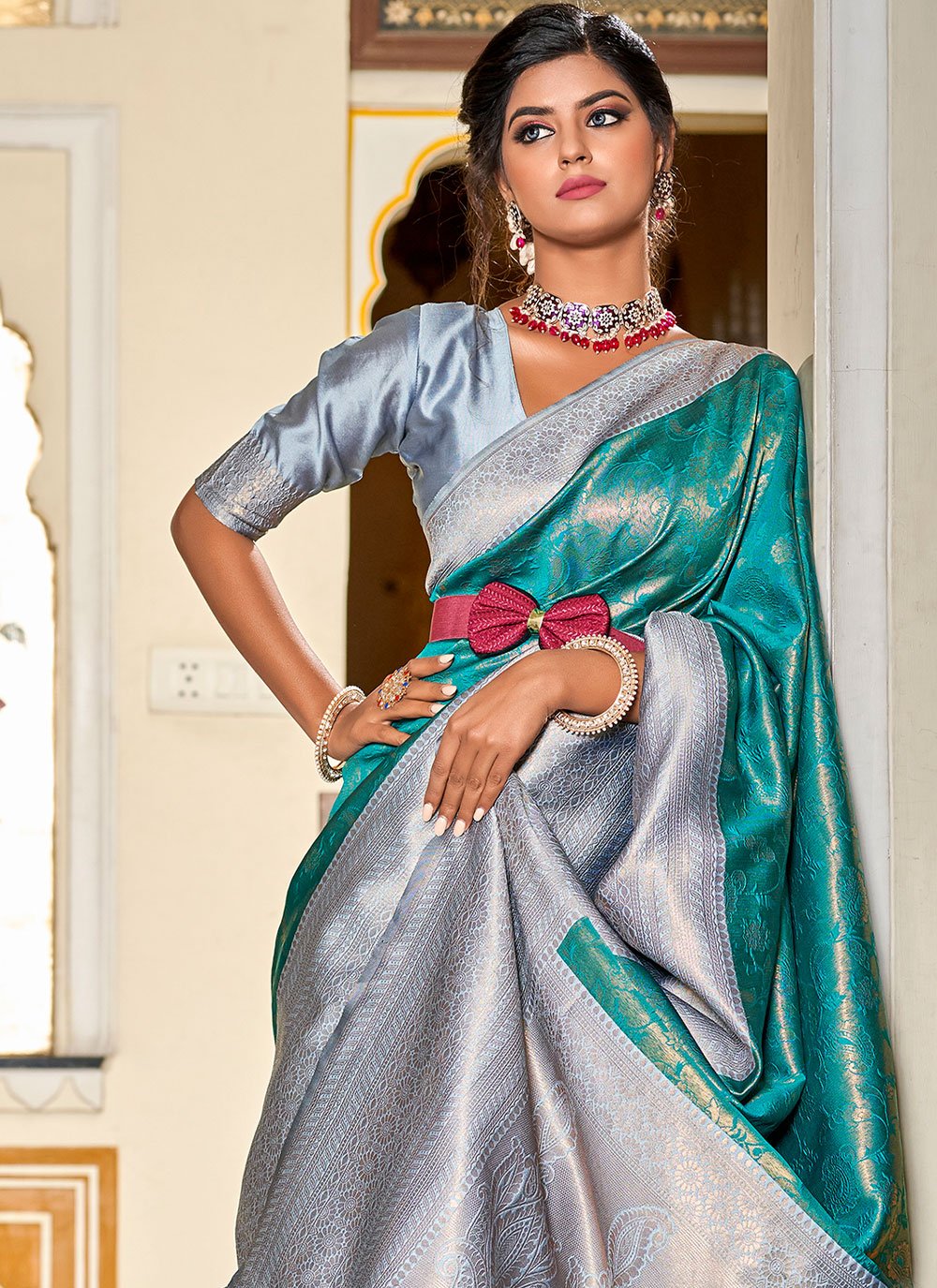 Contemporary Banarasi Silk Turquoise Jacquard Work Saree