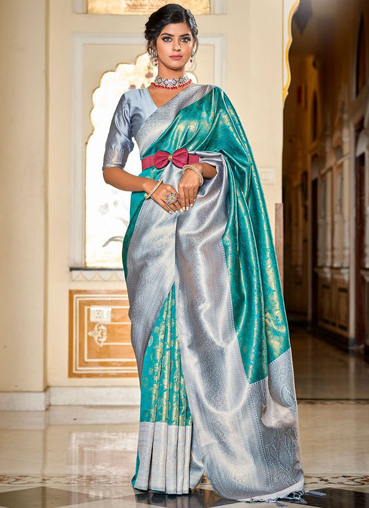 Contemporary Banarasi Silk Turquoise Jacquard Work Saree