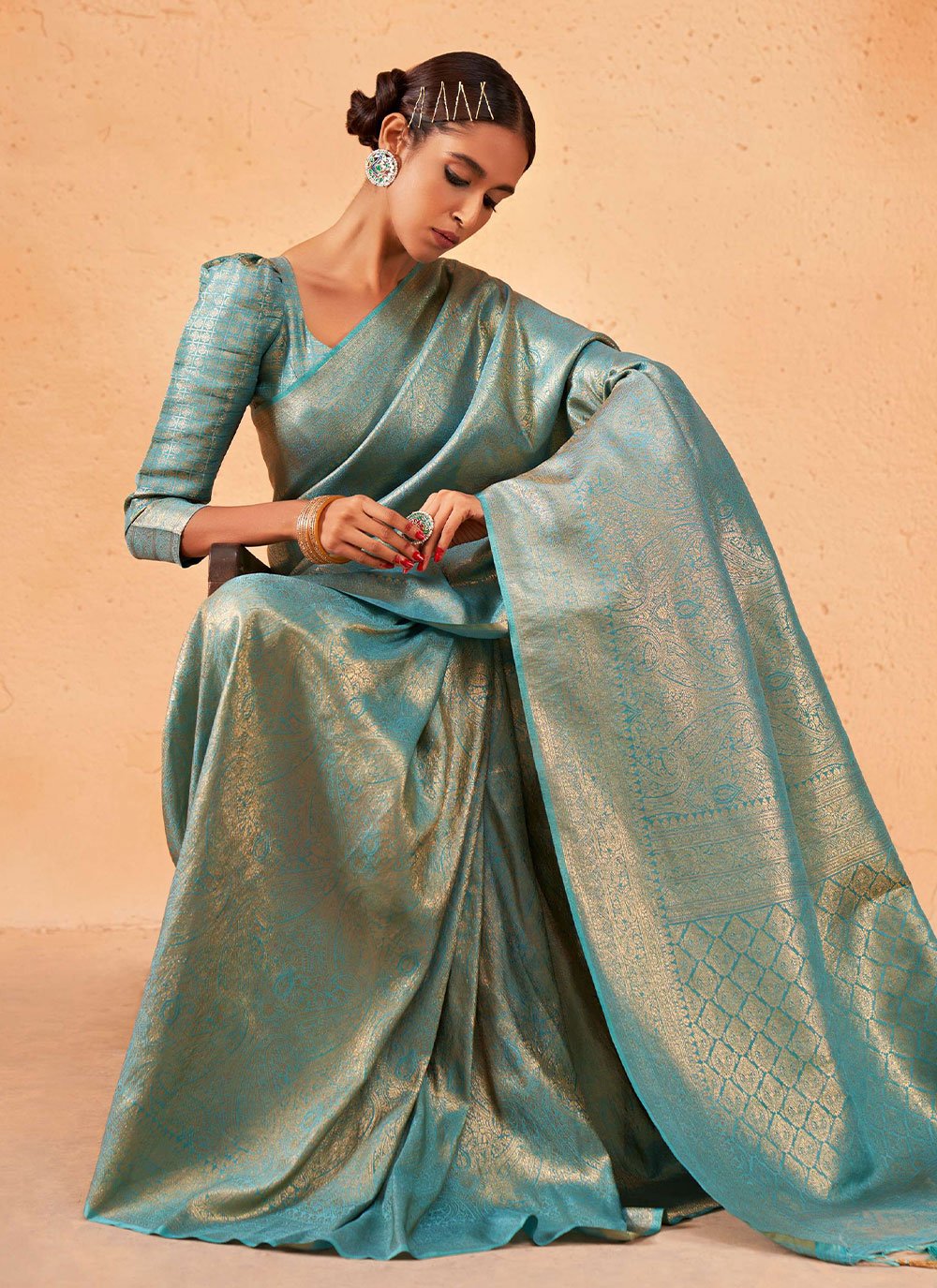 Classic Kanjivaram Silk Turquoise Weaving Saree