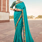 Classic Vichitra Silk Turquoise Embroidered Saree