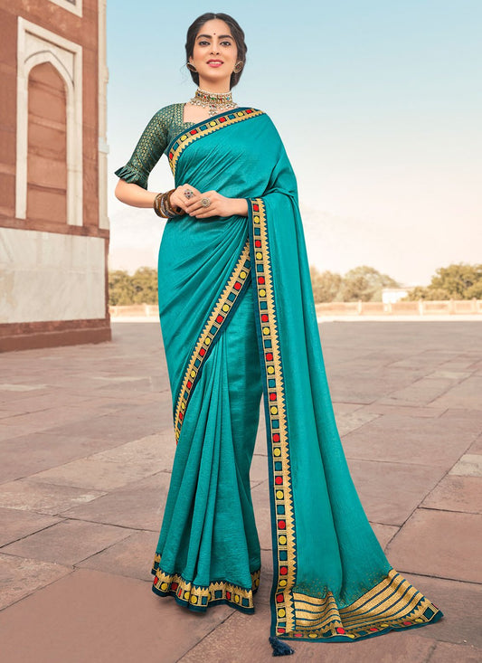 Classic Vichitra Silk Turquoise Embroidered Saree