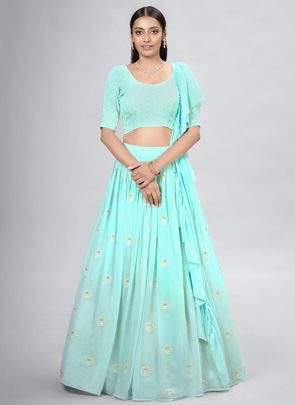 Lehenga Choli Georgette Turquoise Sequins Lehenga Choli