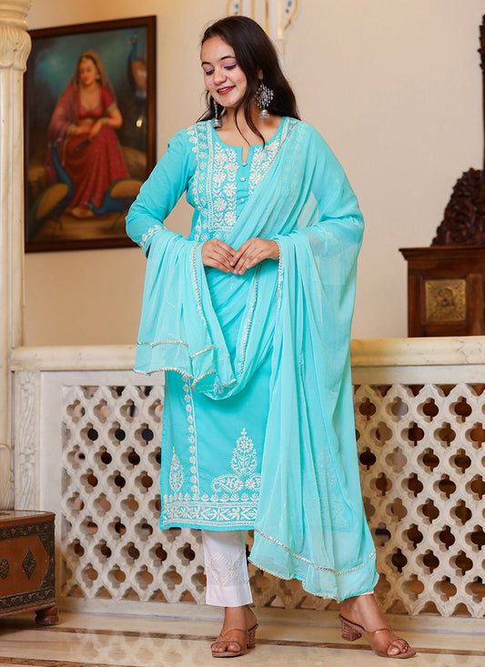 Salwar Suit Cotton Turquoise Embroidered Salwar Kameez