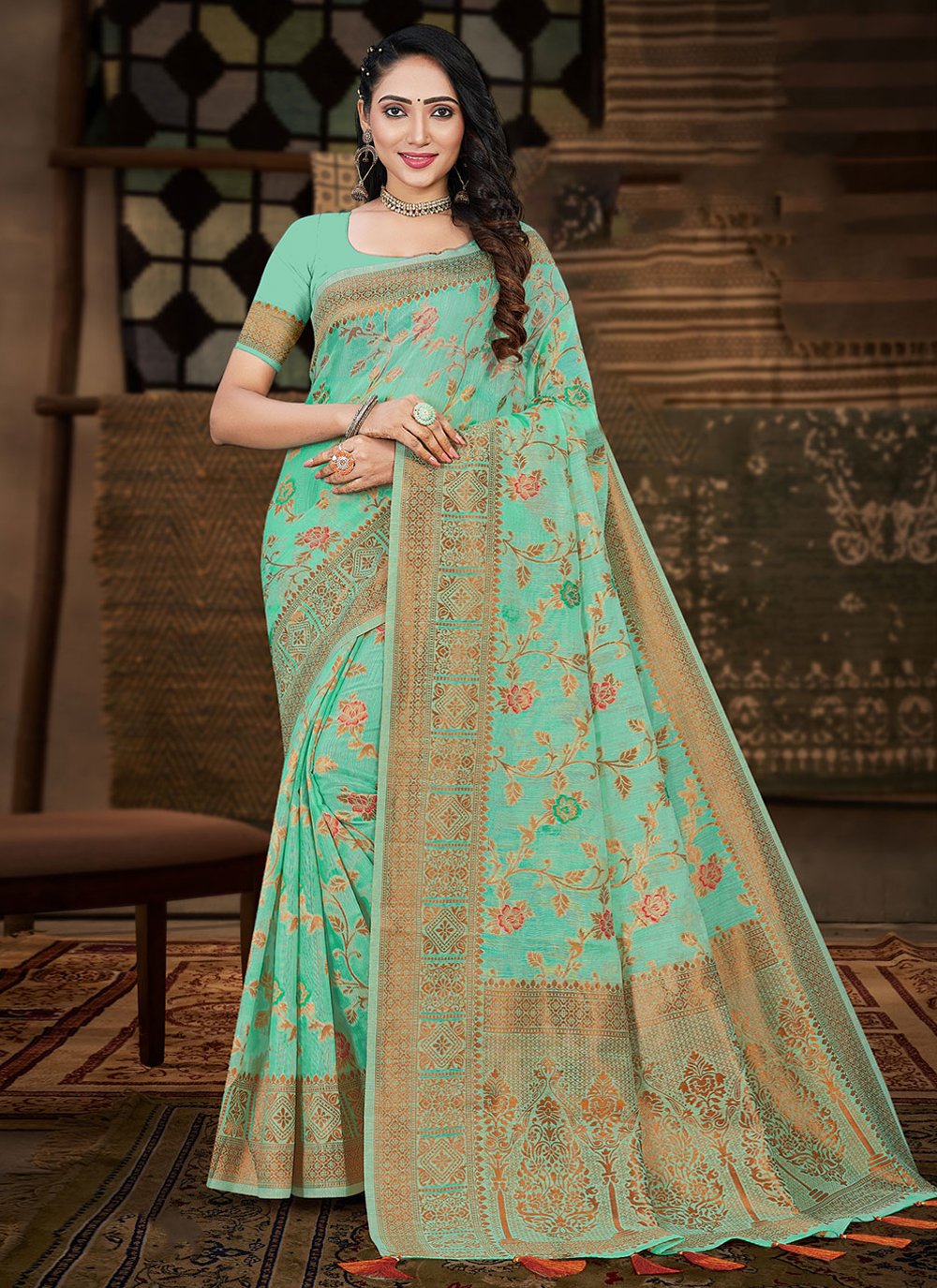 Classic Cotton Silk Turquoise Meena Saree