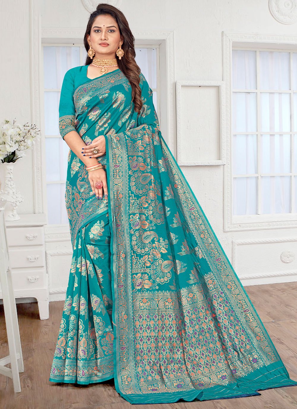 Contemporary Silk Turquoise Meenakari Saree