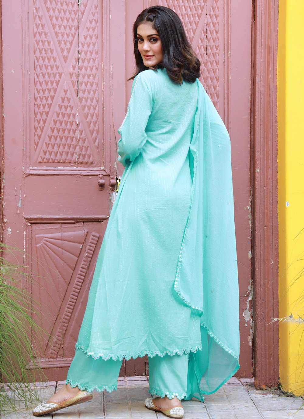 Salwar Suit Cotton Turquoise Fancy Work Salwar Kameez