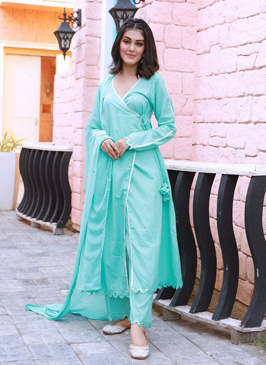 Salwar Suit Cotton Turquoise Fancy Work Salwar Kameez