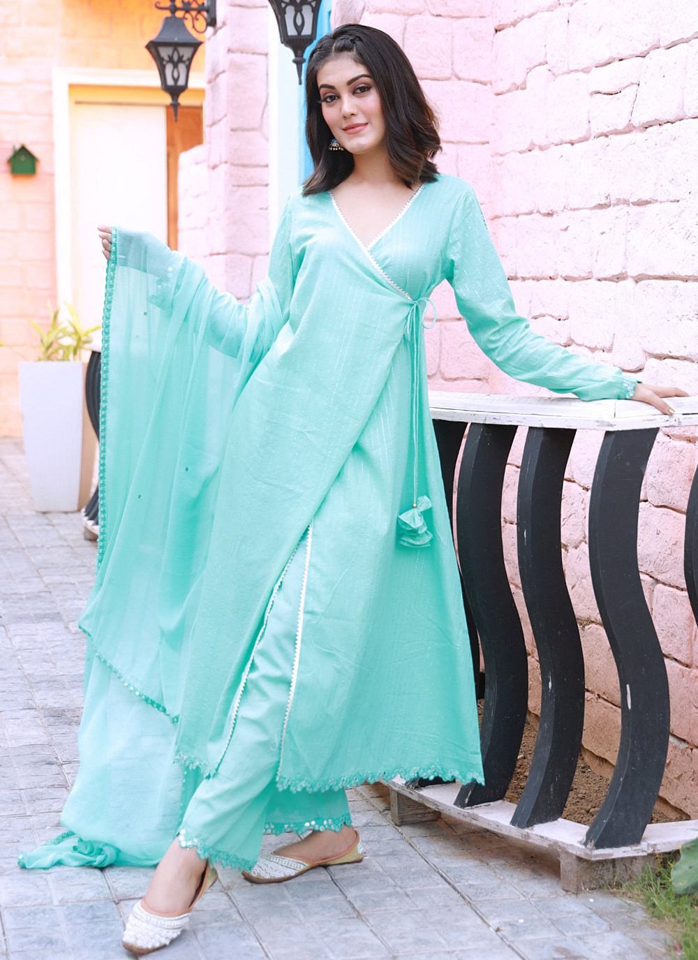 Salwar Suit Cotton Turquoise Fancy Work Salwar Kameez