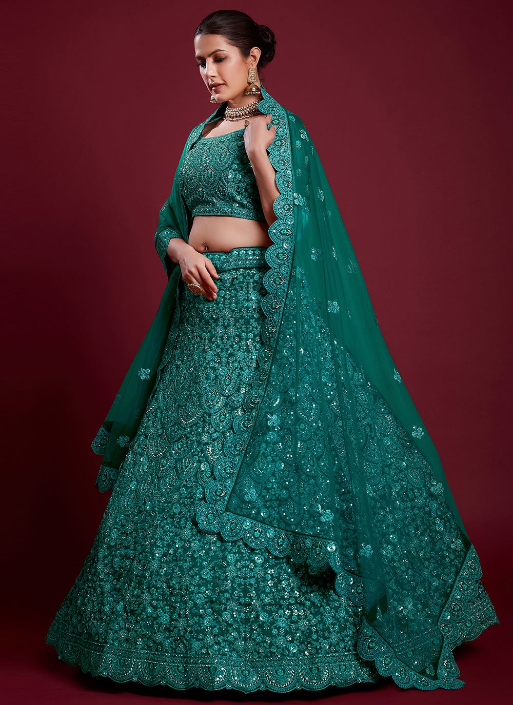 Lehenga Choli Net Turquoise Dori Work Lehenga Choli