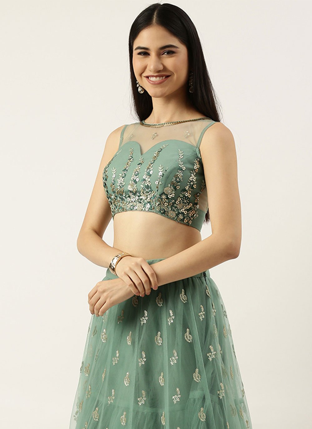 Lehenga Choli Net Turquoise Embroidered Lehenga Choli