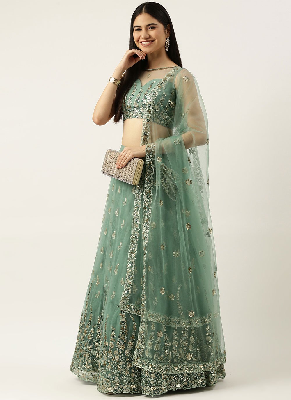 Lehenga Choli Net Turquoise Embroidered Lehenga Choli