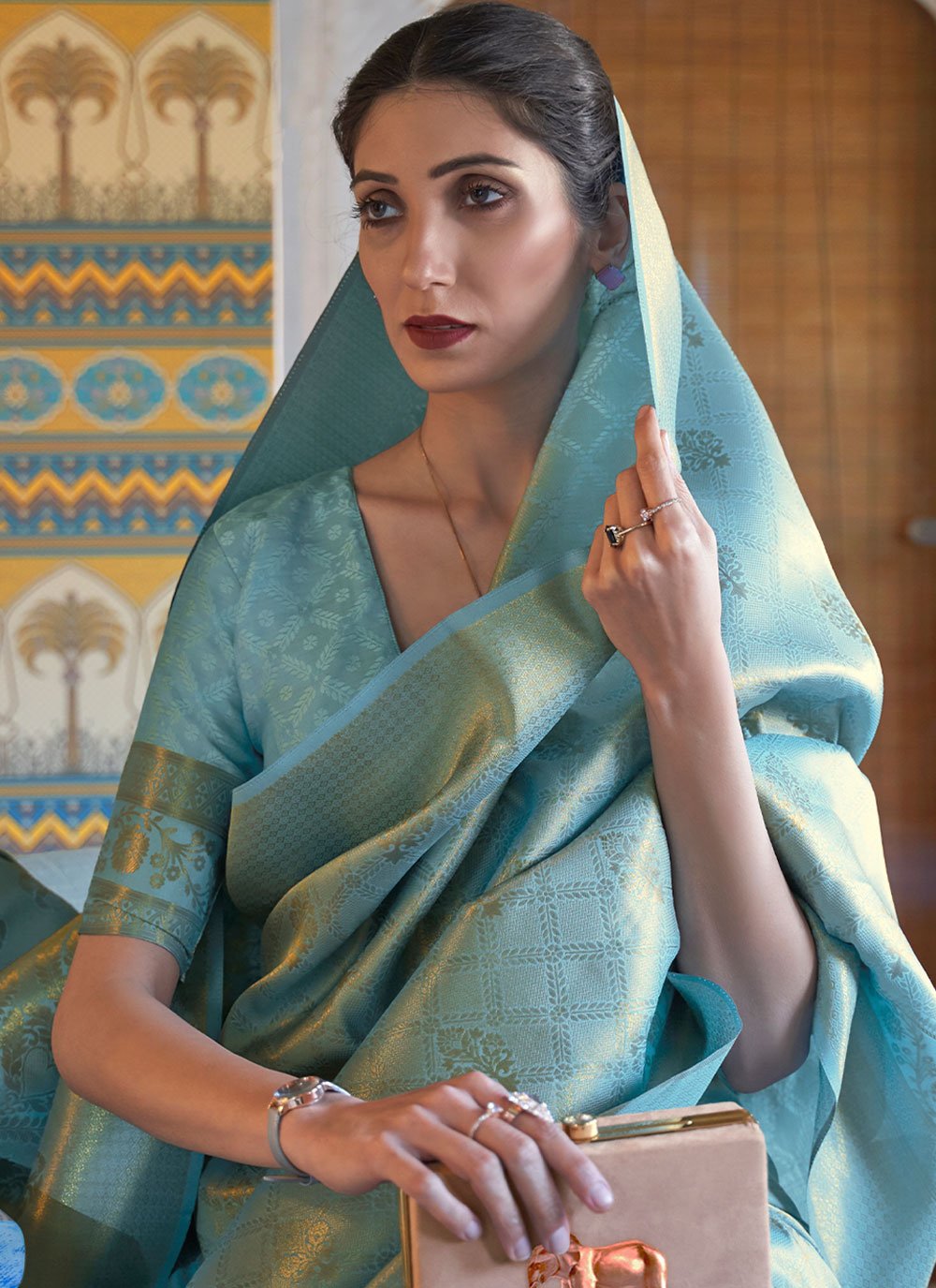 Classic Handloom Silk Turquoise Weaving Saree