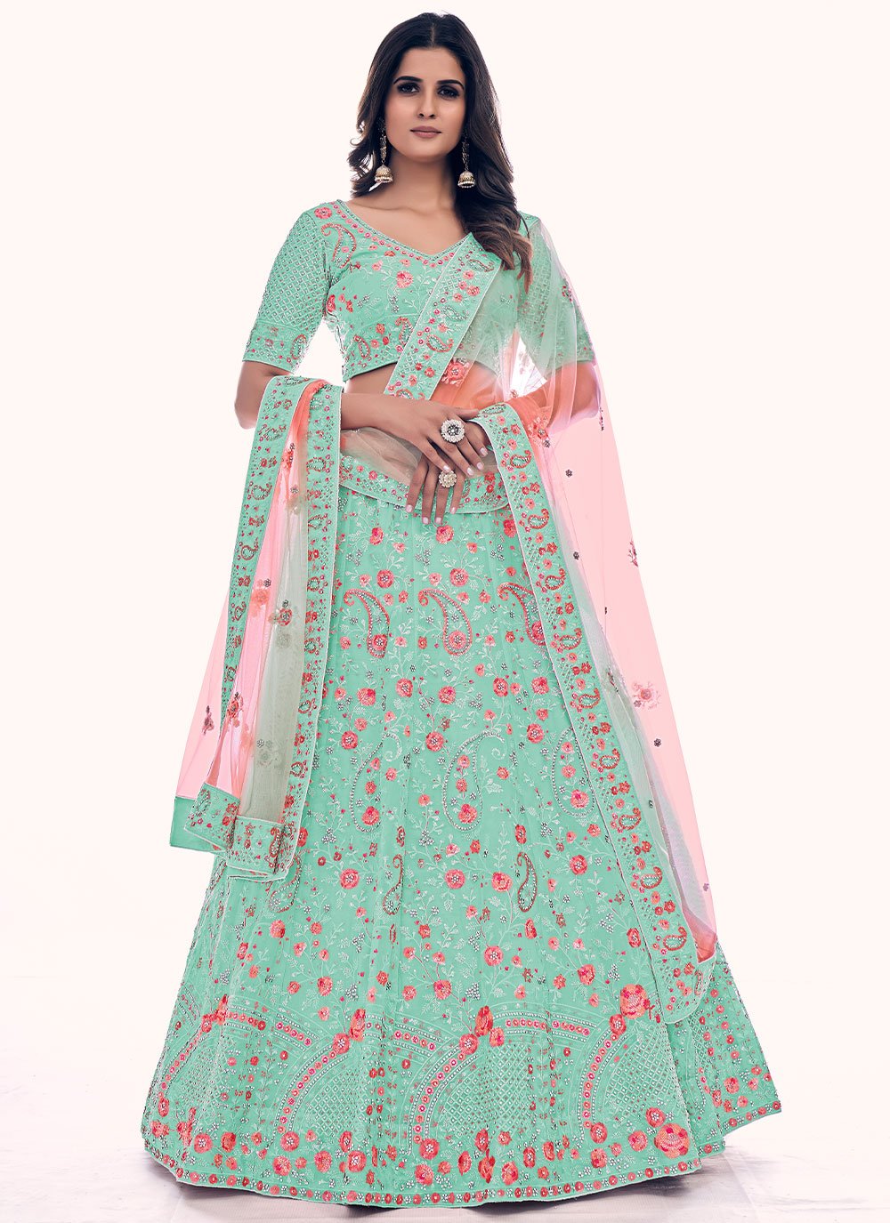 Lehenga Choli Net Turquoise Dori Work Lehenga Choli