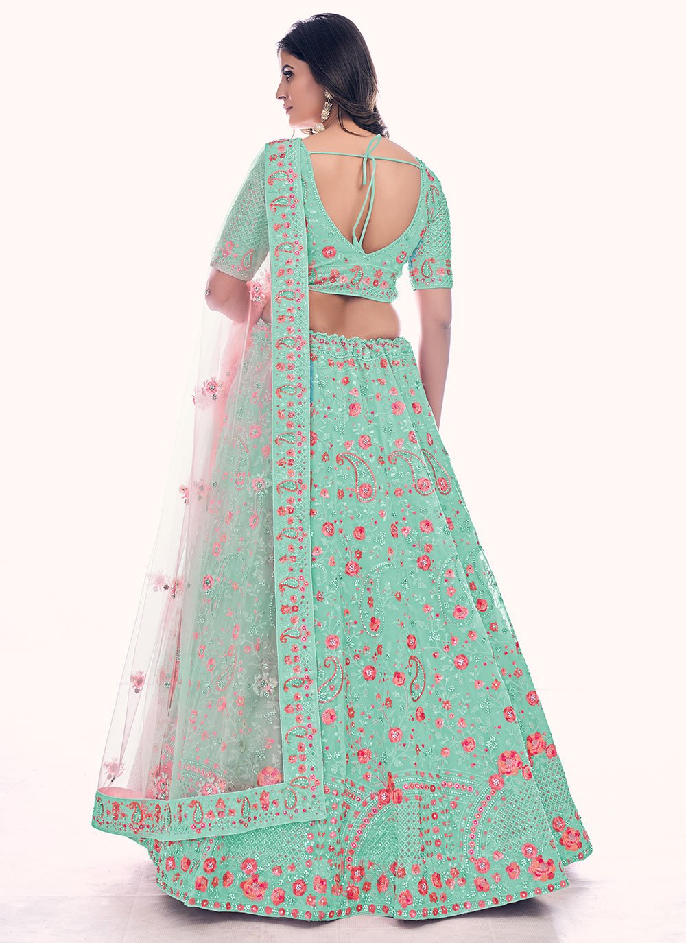 Lehenga Choli Net Turquoise Dori Work Lehenga Choli