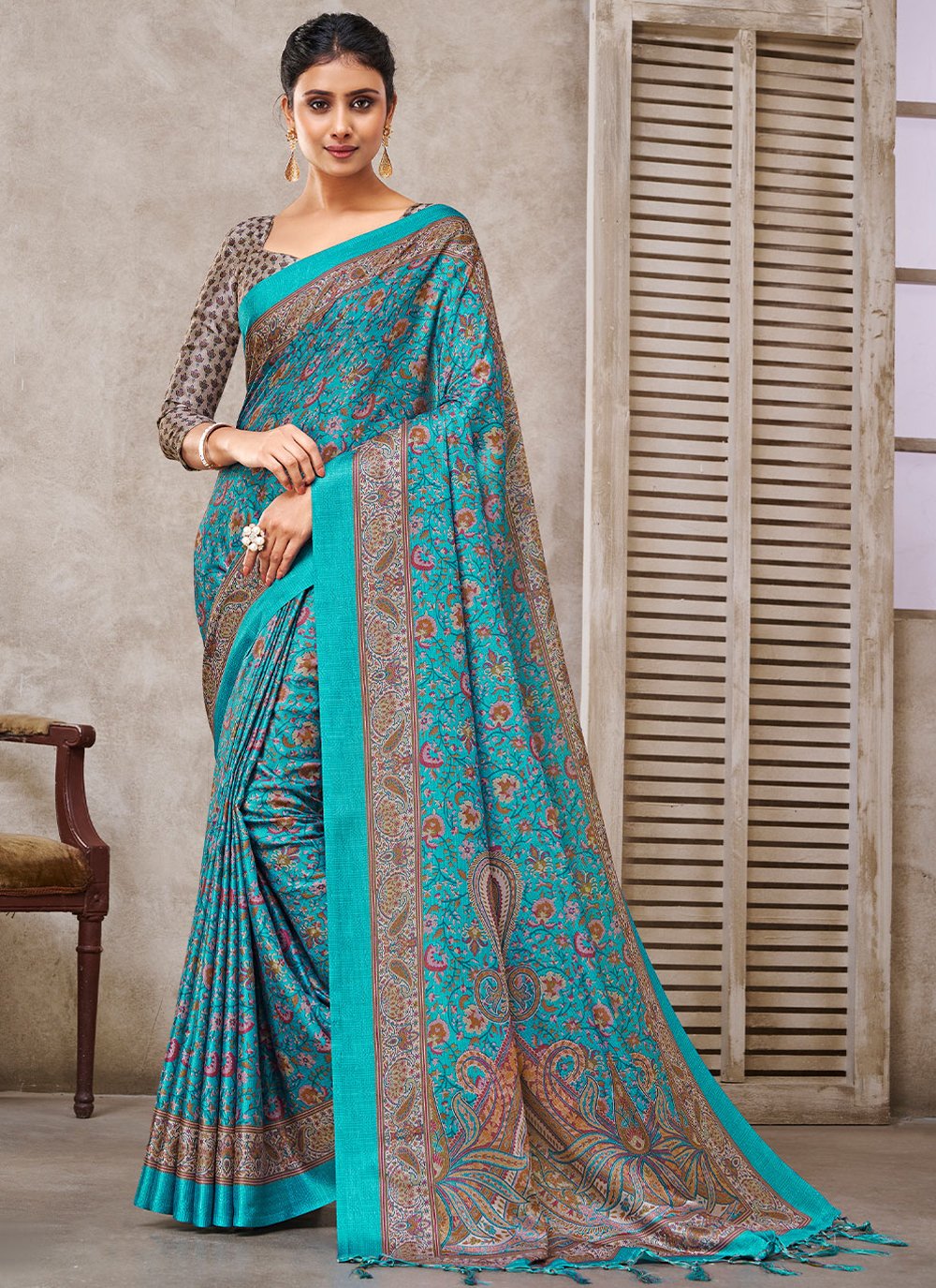 Contemporary Pashmina Turquoise Digital Print Saree