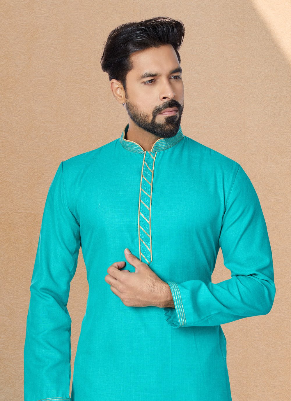 Kurta Pyjama Cotton Turquoise Plain Mens