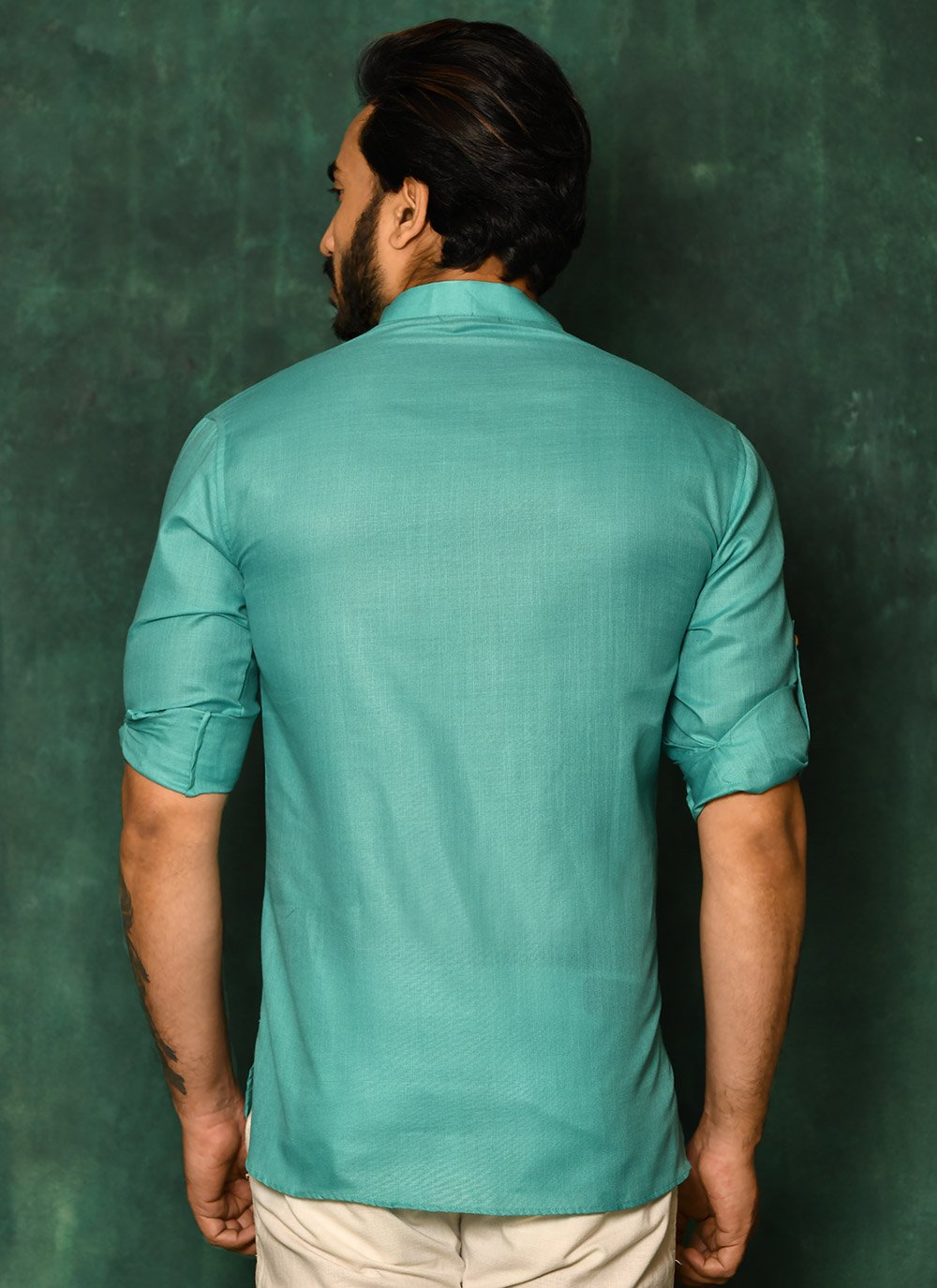 Short Kurta Cotton Turquoise Plain Mens