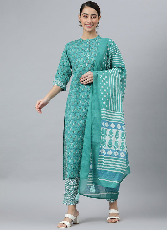 Salwar Suit Cotton Turquoise Print Salwar Kameez