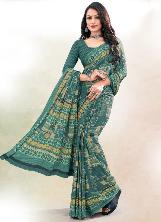 Trendy Saree Faux Crepe Turquoise Print Saree