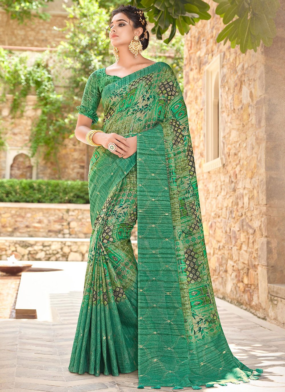 Contemporary Silk Turquoise Print Saree