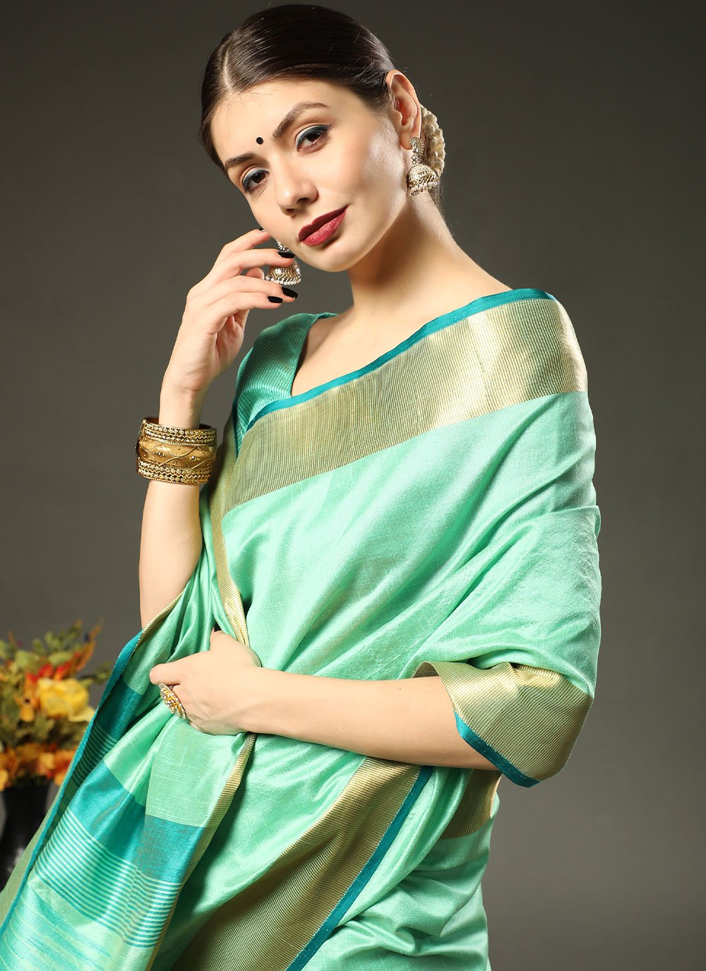 Contemporary Raw Silk Turquoise Patch Border Saree