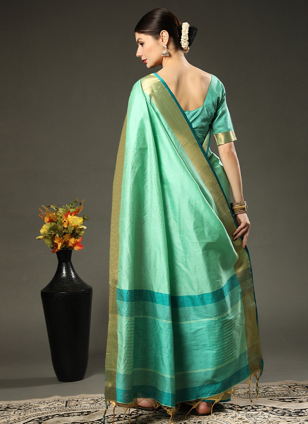 Contemporary Raw Silk Turquoise Patch Border Saree