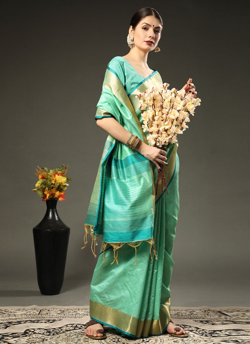 Contemporary Raw Silk Turquoise Patch Border Saree