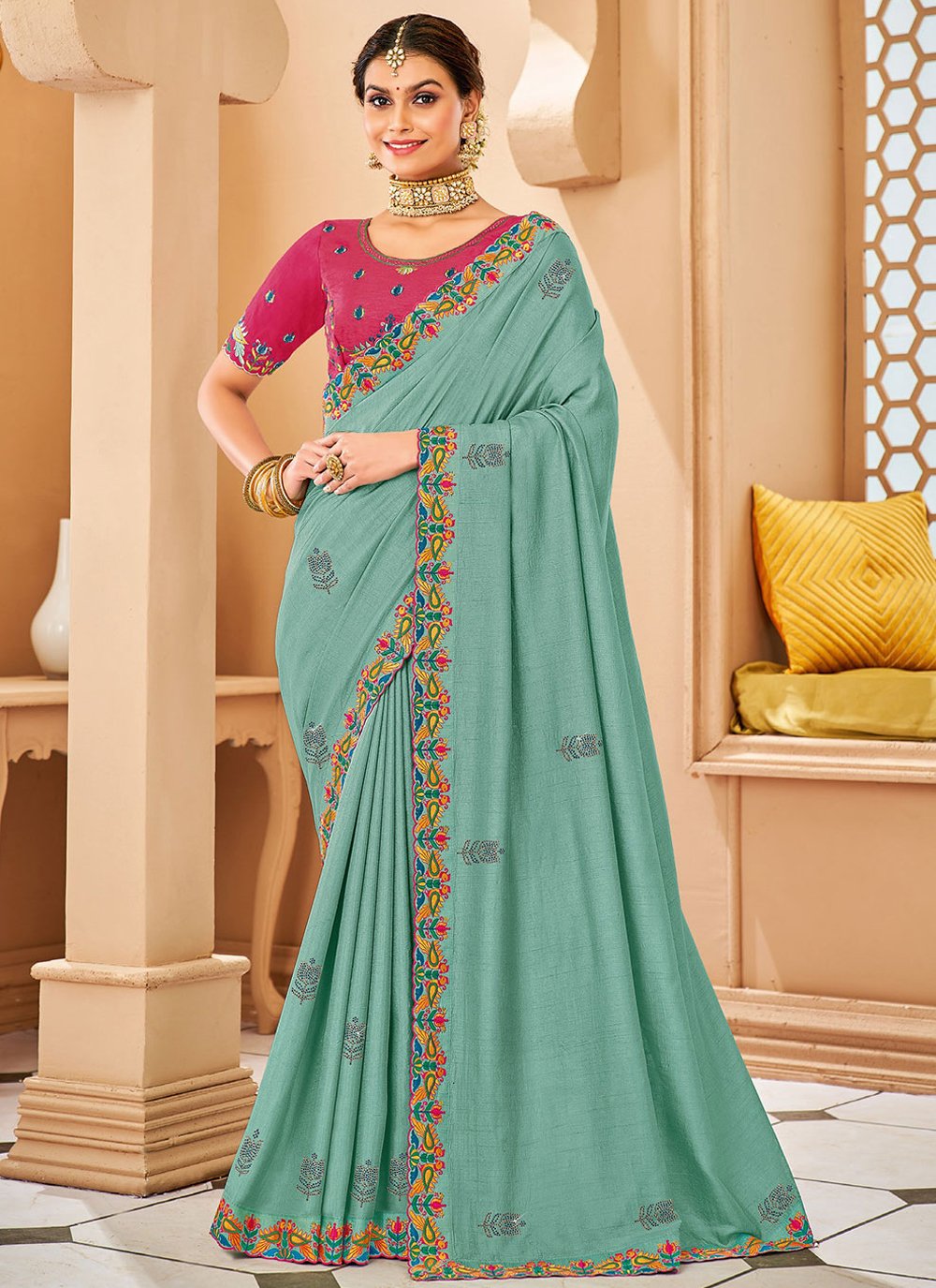 Classic Raw Silk Turquoise Embroidered Saree