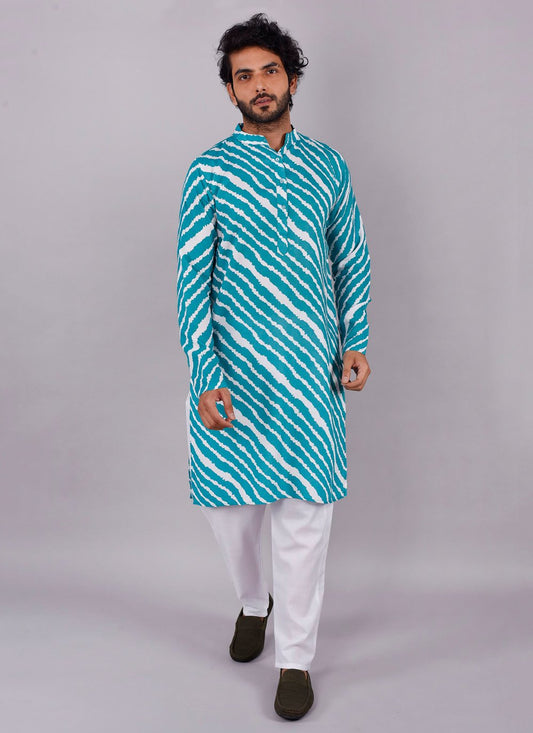 Kurta Pyjama Rayon Viscose Turquoise Print Mens