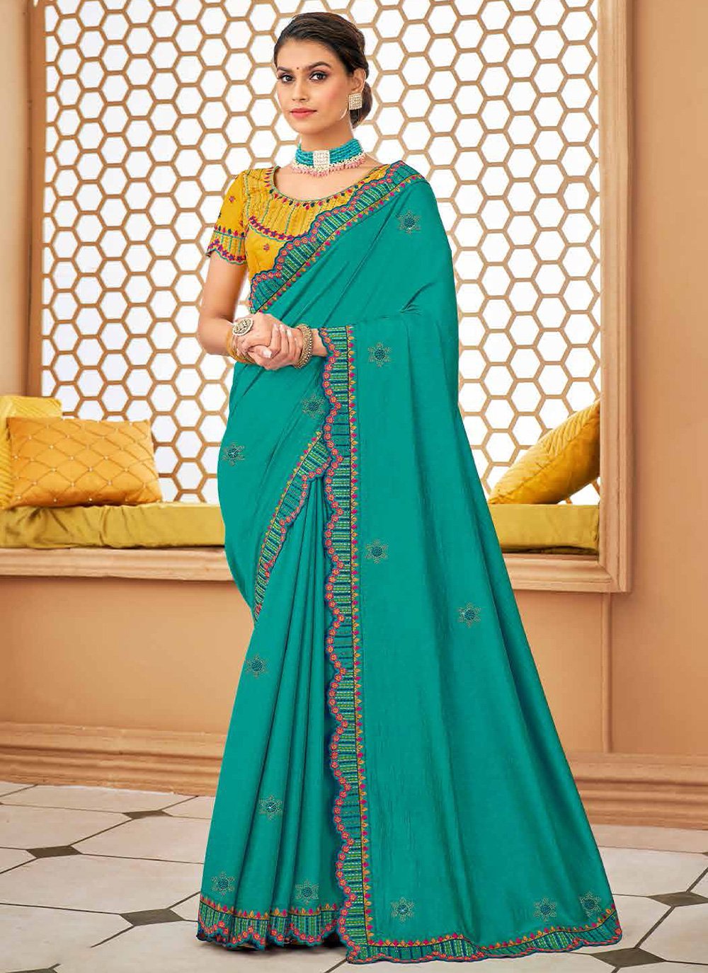 Contemporary Silk Turquoise Patch Border Saree