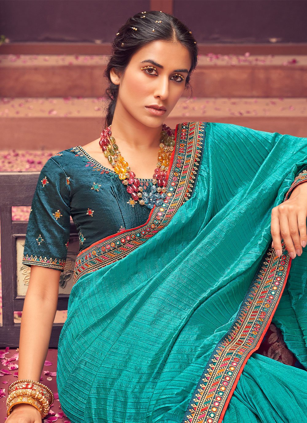 Classic Vichitra Silk Turquoise Embroidered Saree