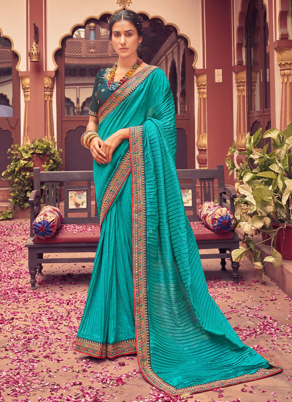 Classic Vichitra Silk Turquoise Embroidered Saree