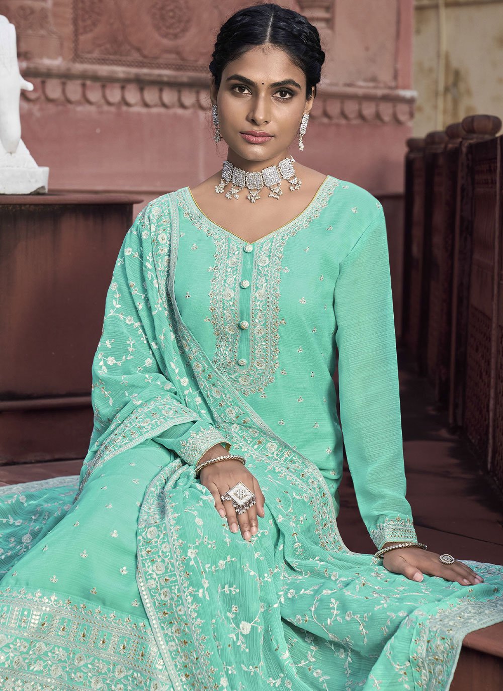 Salwar Suit Georgette Turquoise Sequins Salwar Kameez