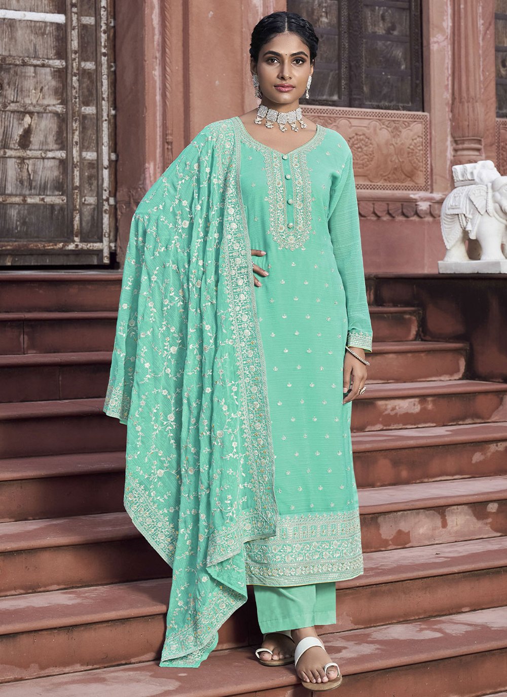 Salwar Suit Georgette Turquoise Sequins Salwar Kameez