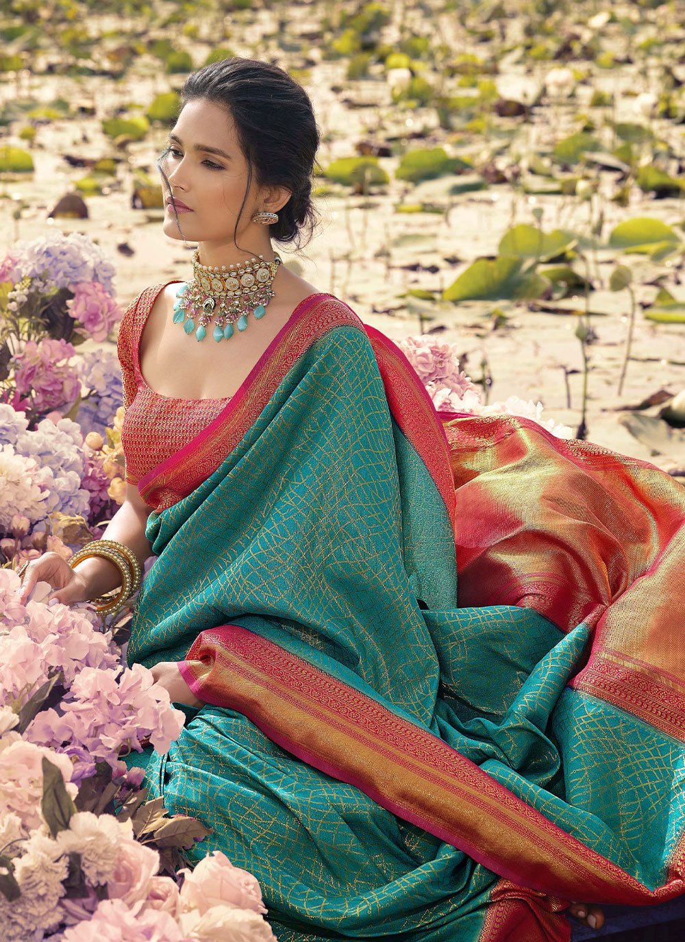 Classic Kanjivaram Silk Turquoise Jacquard Work Saree