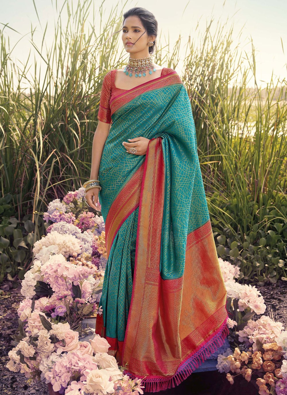 Classic Kanjivaram Silk Turquoise Jacquard Work Saree