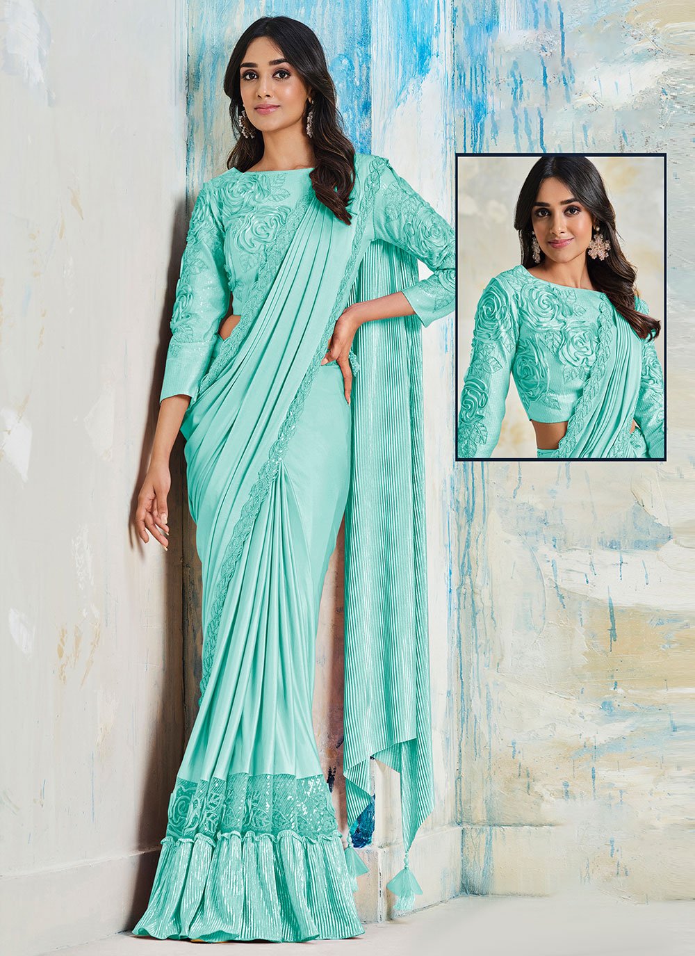 Contemporary Lycra Net Turquoise Embroidered Saree