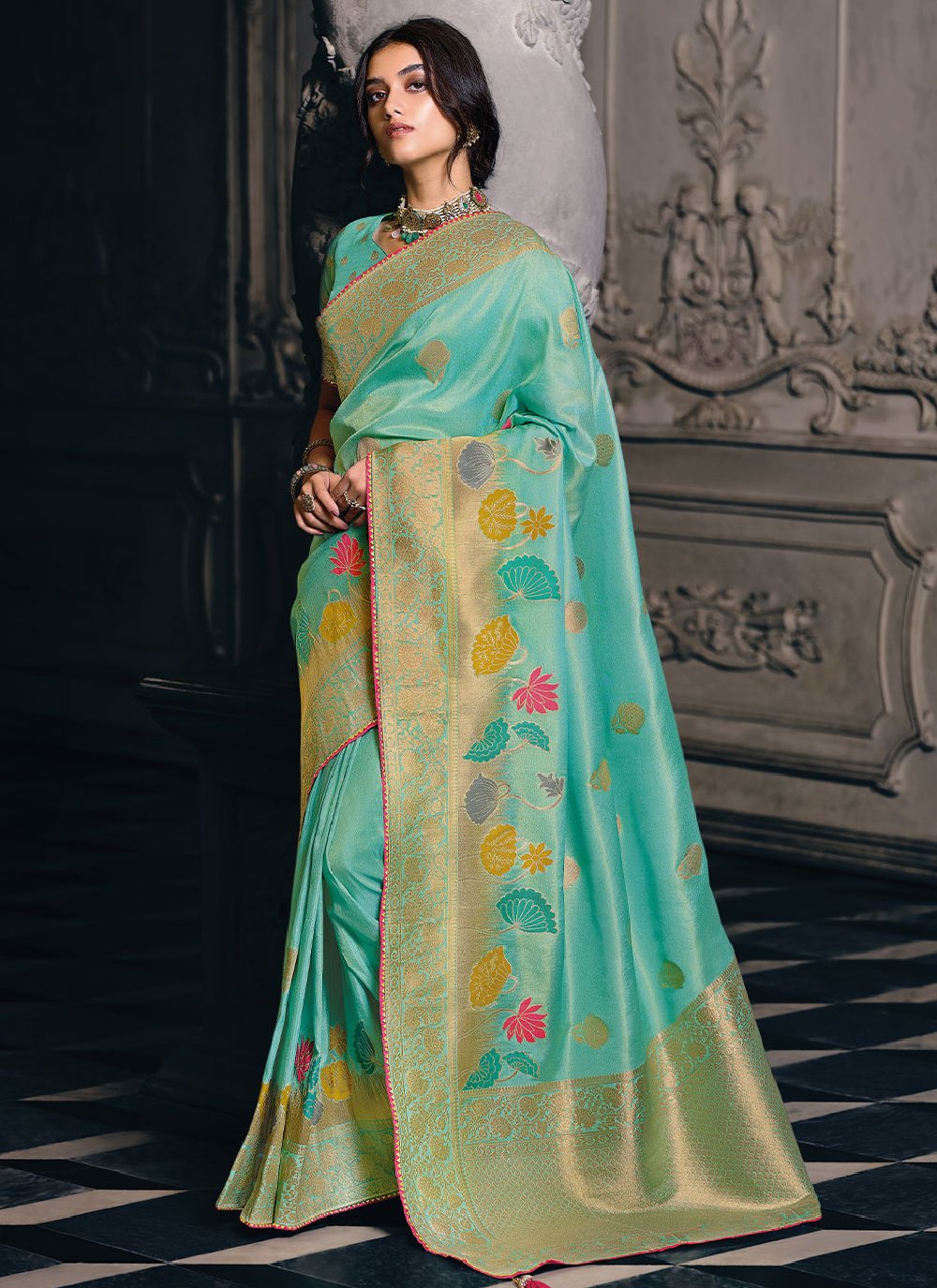 Classic Silk Tissue Turquoise Weaving Saree