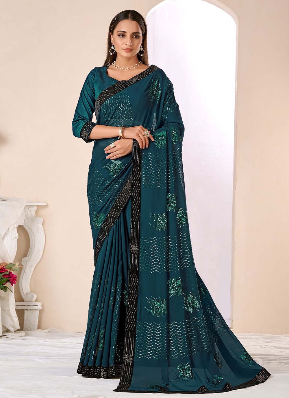 Trendy Saree Bembarg Georgette Turquoise Patch Border Saree