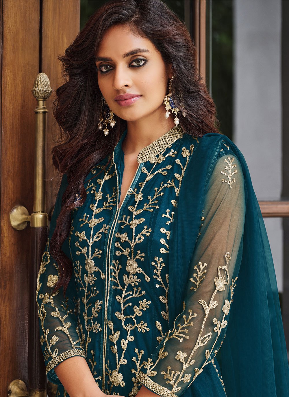 Salwar Suit Net Turquoise Cord Work Salwar Kameez