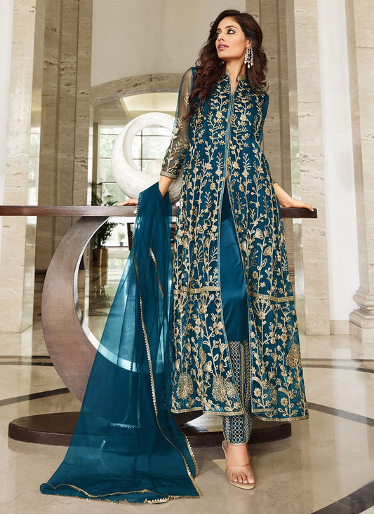 Salwar Suit Net Turquoise Cord Work Salwar Kameez