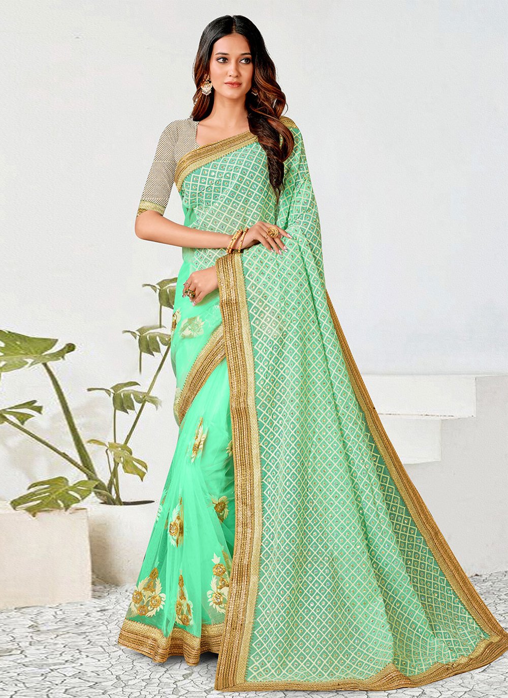 Trendy Saree Georgette Net Turquoise Embroidered Saree